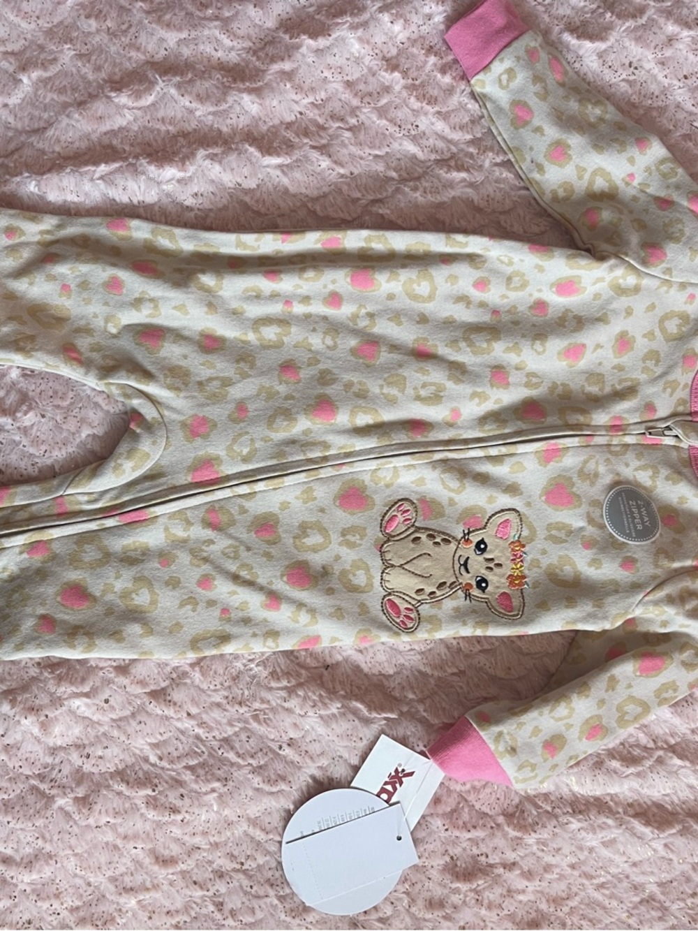 Cream and Pink Leopard Print Baby Footie with Bunny Applique